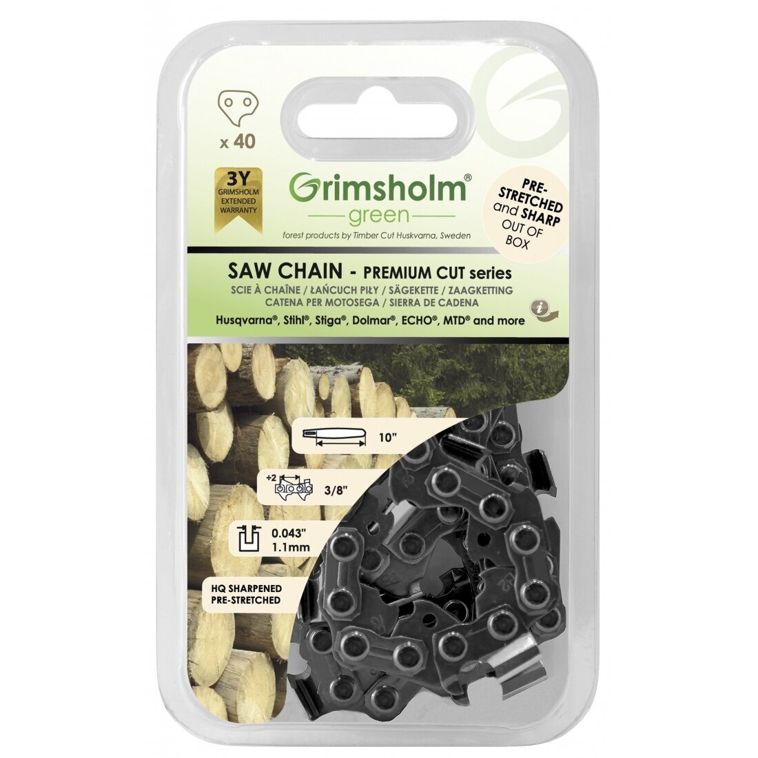 Moottorisahanketju Grimsholm 40E Premium Cut 00000801; 10''; 25 cm; 3/8''; 40; 1,1 mm