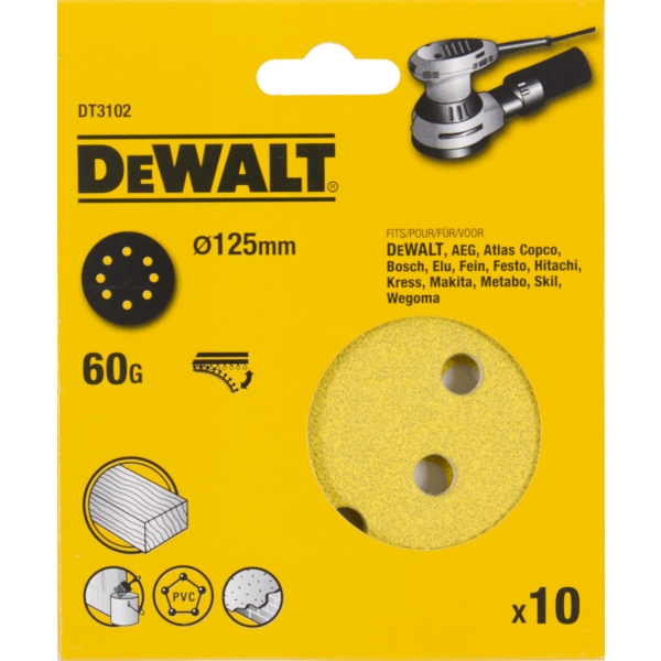 Hiomapaperi puulle DeWalt DT3102-Q; K60; 125 mm; 10 kpl.