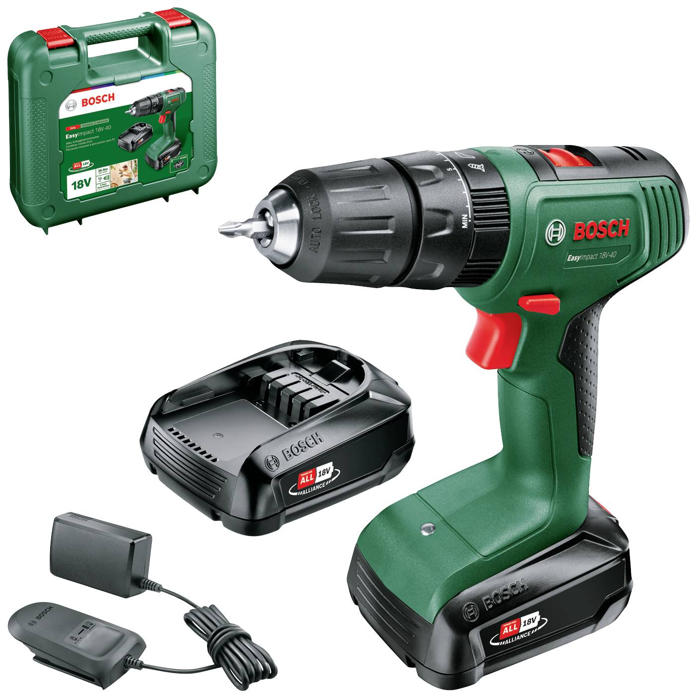 Iskupora / ruuvinväännin Bosch EasyImpact 18V-40; 18 V; 2x2,0 Ah akku