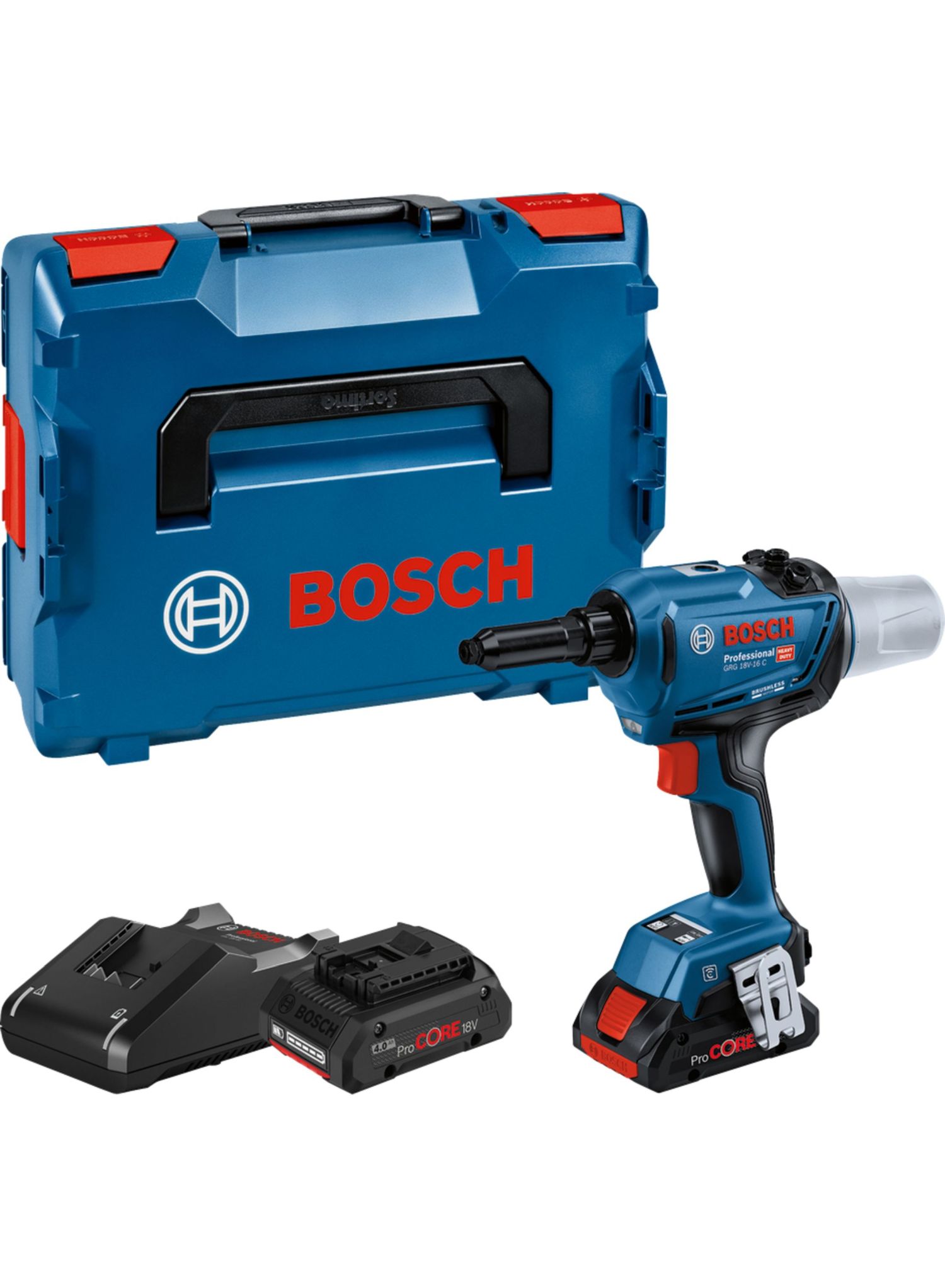 akkukäyttöinen popniittikone Bosch GRG 18V-16 C; 18 V; 2x4,0 Ah akku
