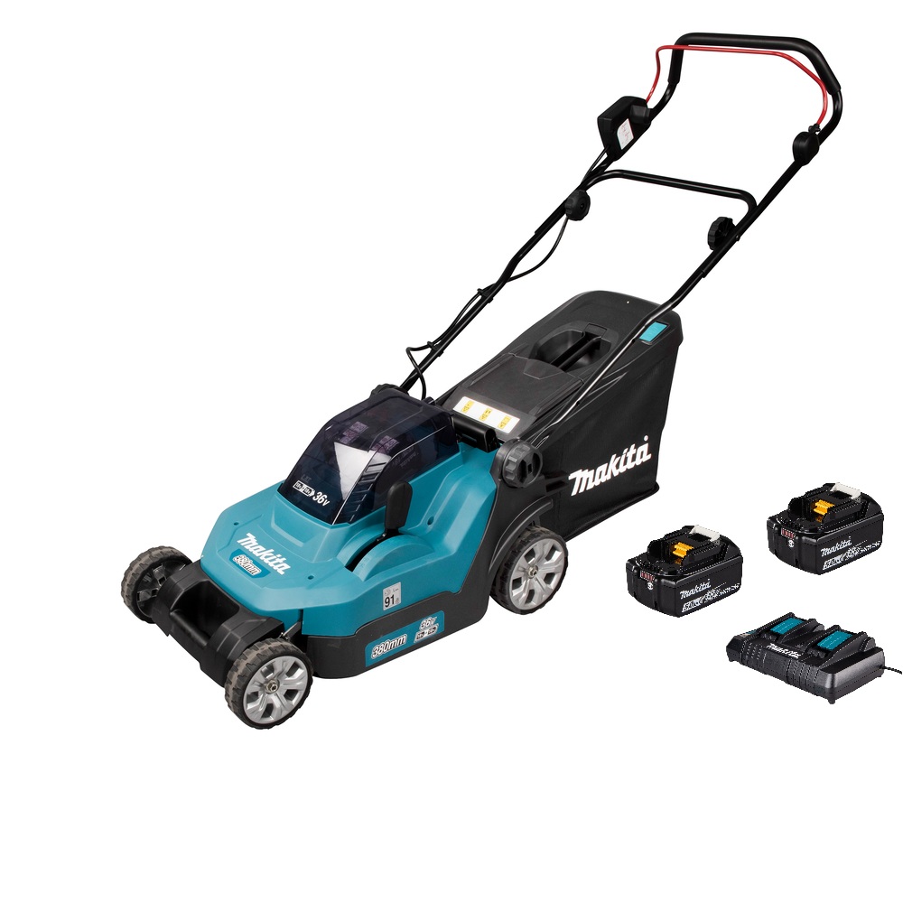 Akkukäyttöinen ruohonleikkuri Makita DLM382PT2; 2x18 V; 2x5,0 Ah akku