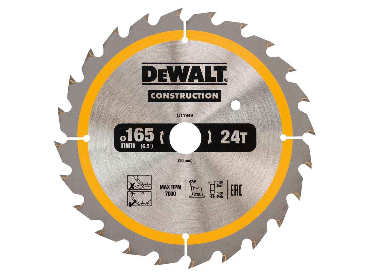 Katkaisuterä puulle DeWalt; 165x1,86x20,0 mm; Z24; 20°