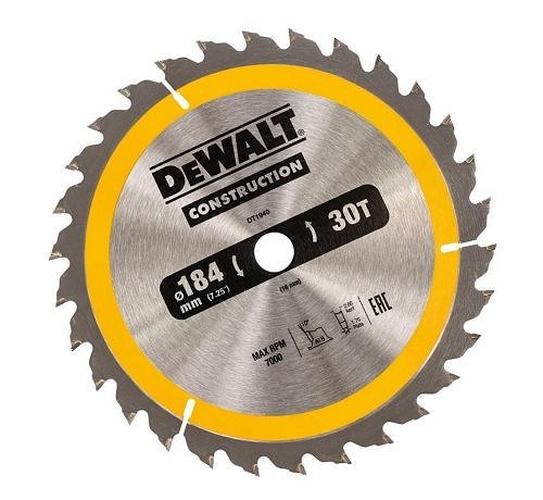 Katkaisuterä puulle DeWalt; 184x2,6x16,0 mm; Z30; 10°