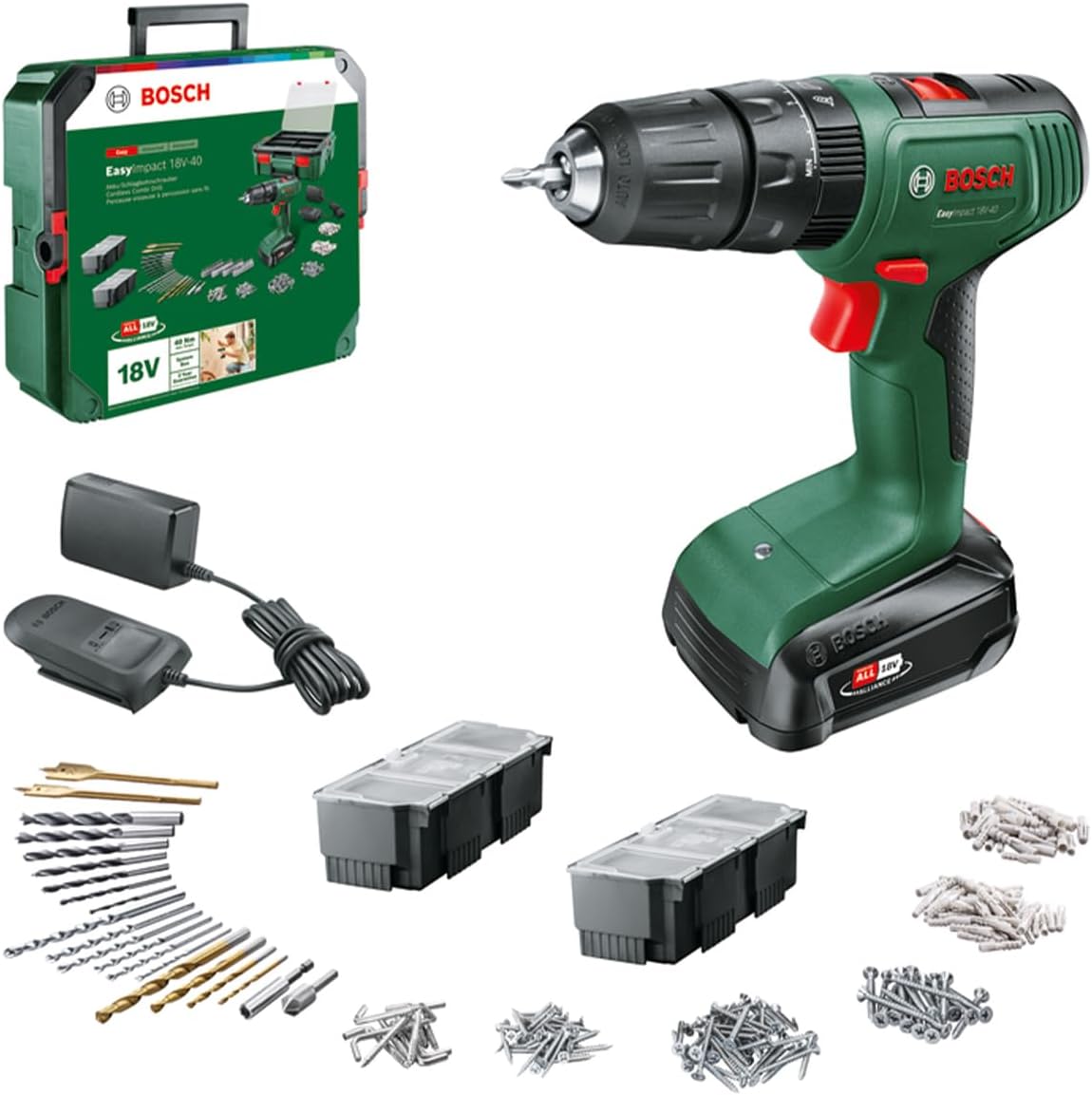 Iskupora / ruuvinväännin Bosch EasyImpact 18V-40; 18 V; 1x1,5 A akku + tarviketta