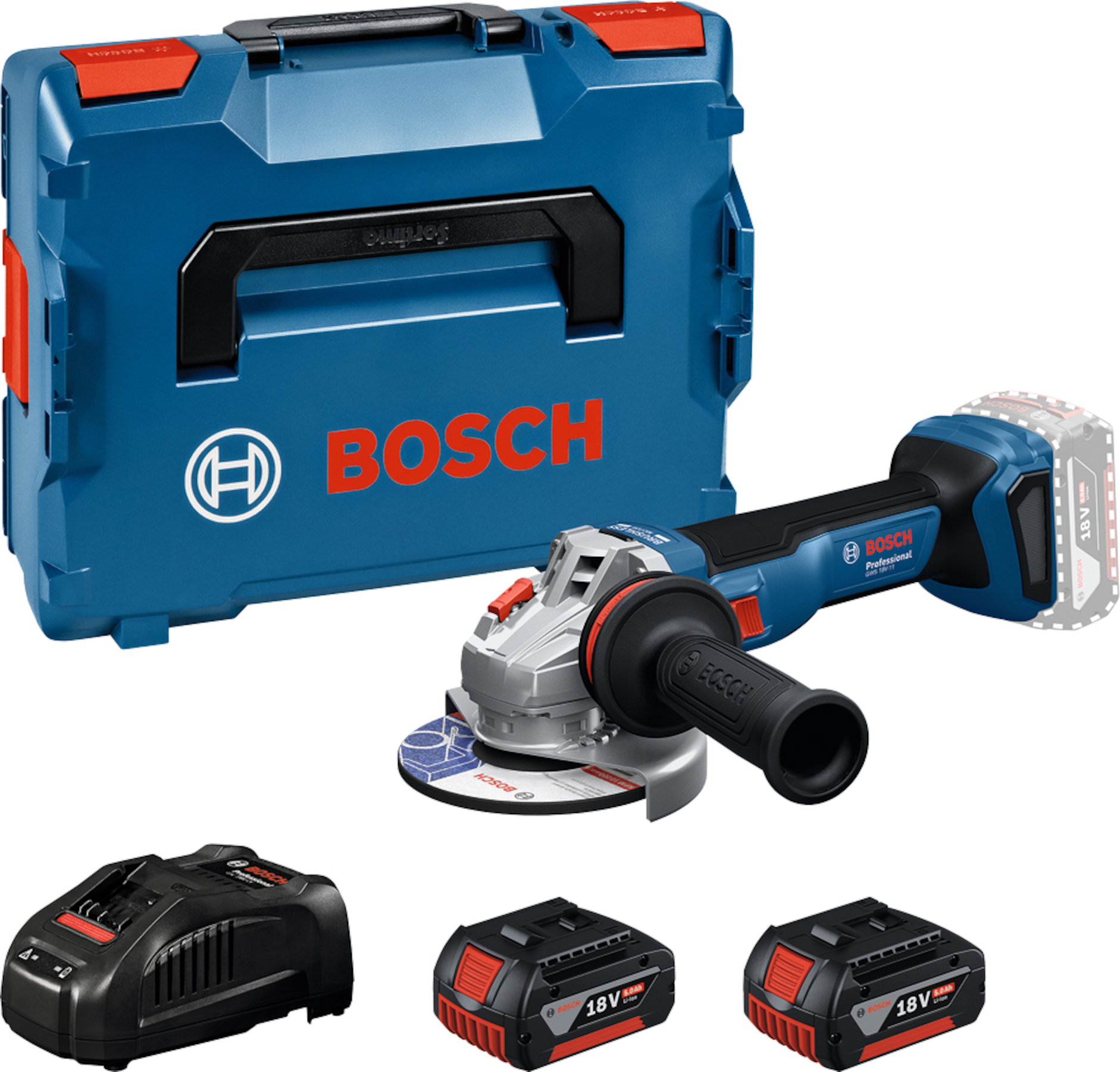 Akkukäyttöinen kulmahiomakone Bosch GWS 18V-11 Professional; 125 mm; 18 V; 2x5,0 Ah akku + L-Boxx 136