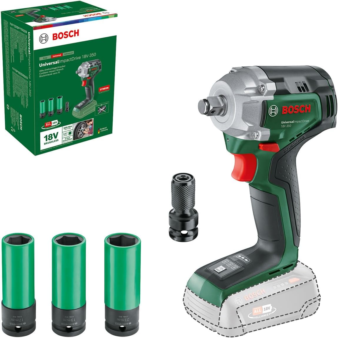 Iskumutterinväännin Bosch Universal ImpactDrive 18V-350; 18 V (ilman akkua ja laturia); tarvikkeiden kanssa