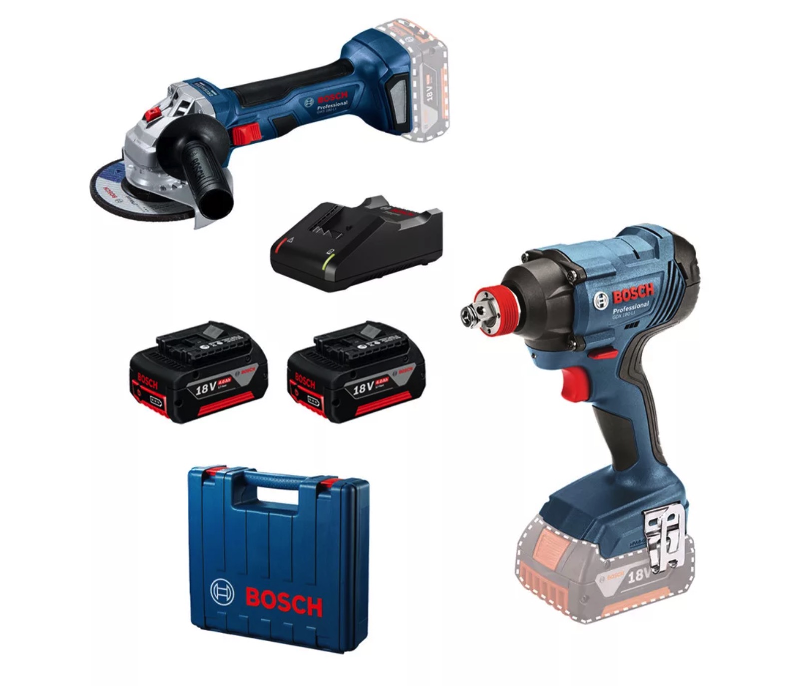 Työkalusarja Bosch 0615990N1U (GDX 180-LI + GWS 180-LI); 18V; 2x4,0 Ah akku