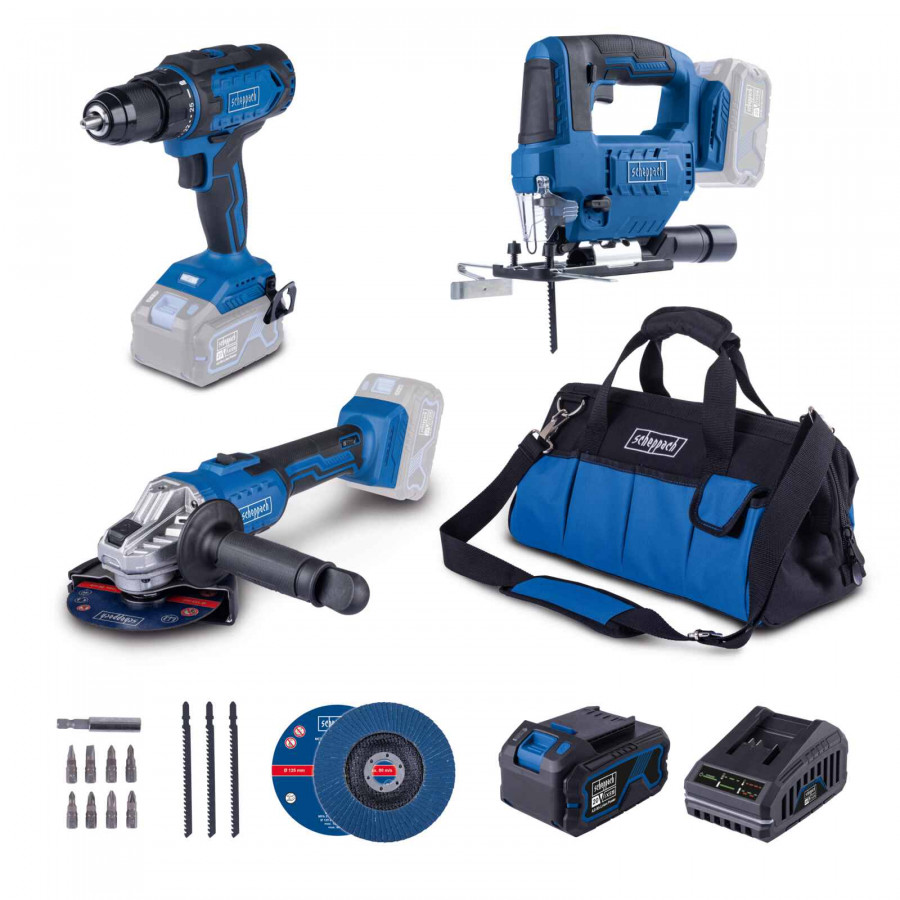 Työkalusarja Scheppach C-JAD-Set L (C-JS220-X + C-AG125-X + C-DD45-X); 20 V; 1x4,0 Ah akku