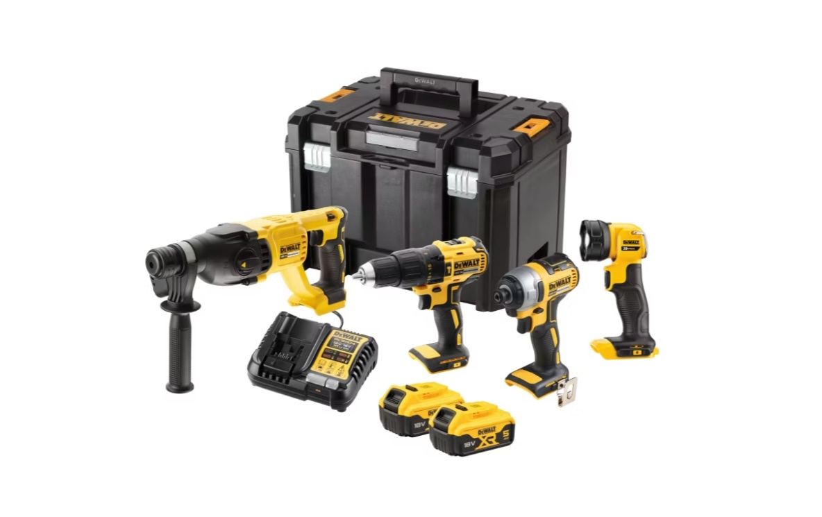 4-osainen työkalusetti DeWalt DCK440P2T-QW; 18 V; 13 mm; 170 Nm; 2,6 J; 2x5,0 Ah akku