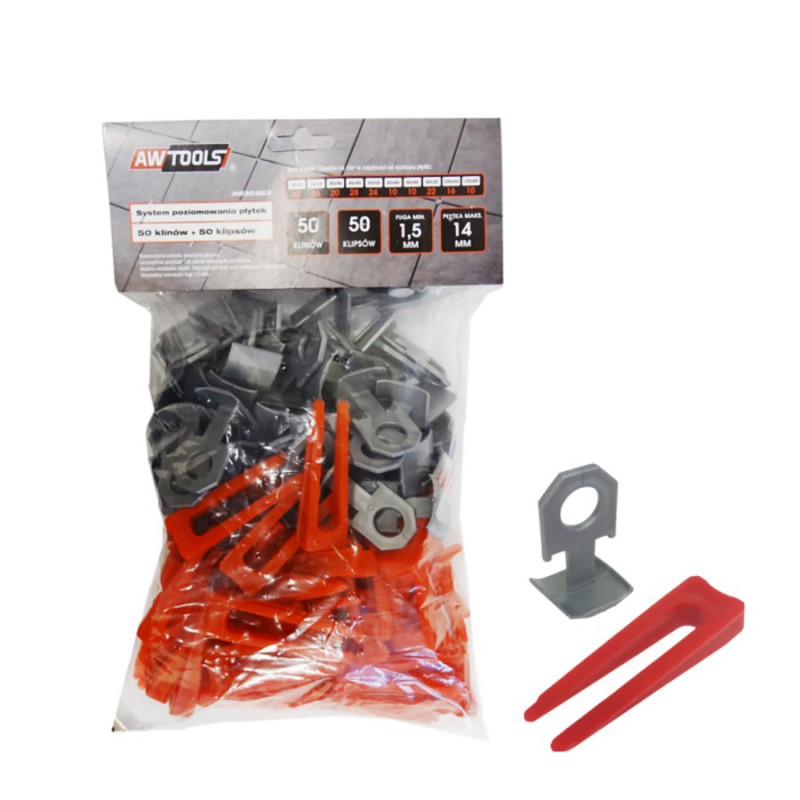 Setti; laatan tasaus AWTools AW30363; 1,5 mm; 7-15 mm; 50+50 kpl.