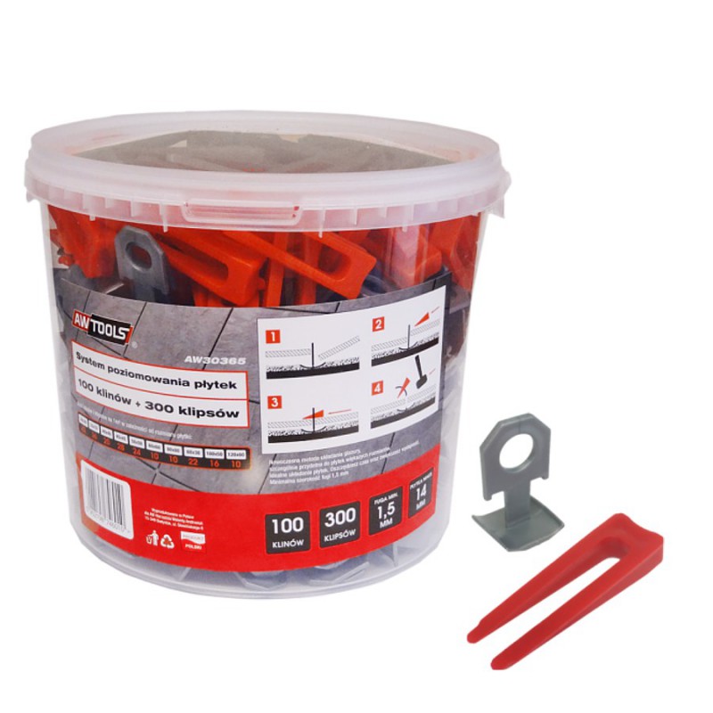 Setti; laatan tasaus AWTools AW30365; 1,5 mm; 7-15 mm; 300+100 kpl.