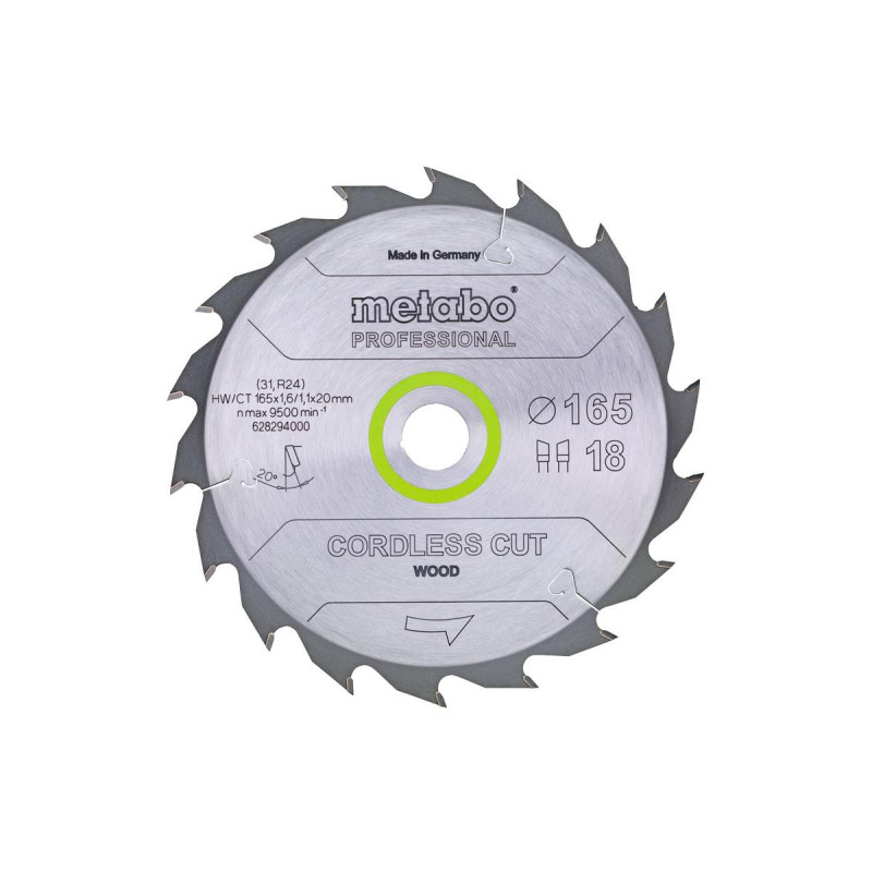 Katkaisuterä puulle Metabo 628294000; 165x20 mm; Z18; 20°