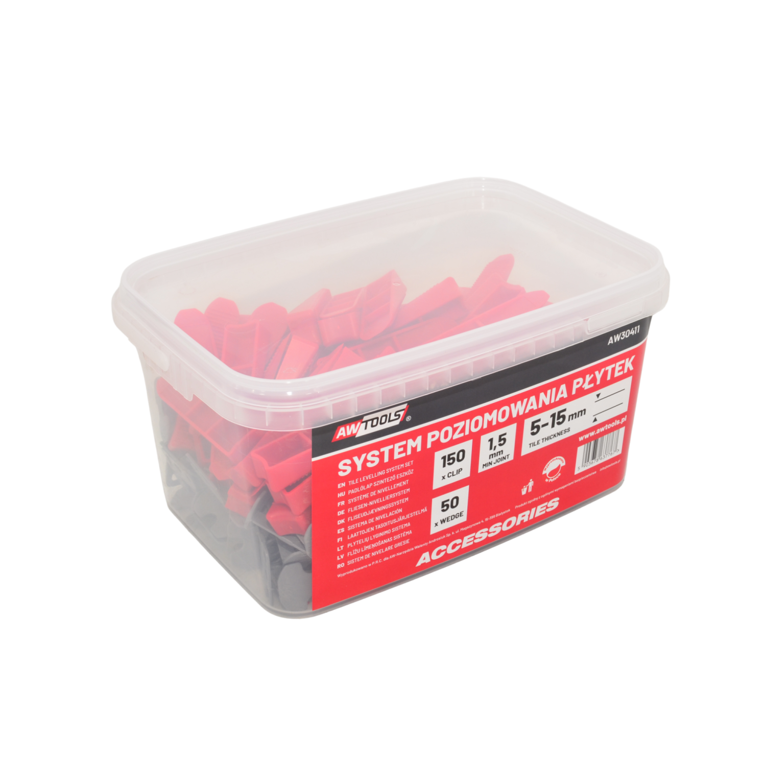Setti; laatan tasaus AWTools AW30411; 1,5 mm; 150+50 kpl.