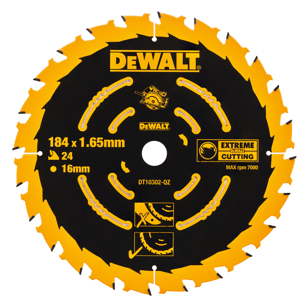 Katkaisuterä puulle DeWalt Extreme; 184x1,65x16,0 mm; Z24; 5°
