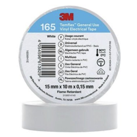 Eristysteippi 3M Temflex 165; 15 mm; 10 m; valkoinen