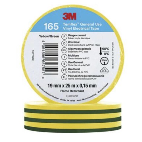 Eristysteippi 3M Temflex 165; 15 mm; 10 m; žalia; vihreä; keltainen