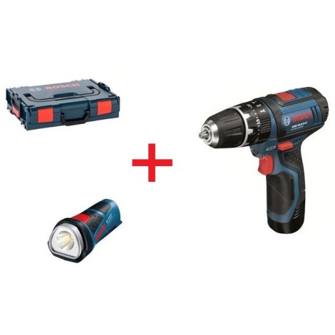 Iskupora / ruuvinväännin Bosch GSB; 10,8 V; 2x2,0 Ah akku +Taskulamppu GLI PowerLEDs pofessional