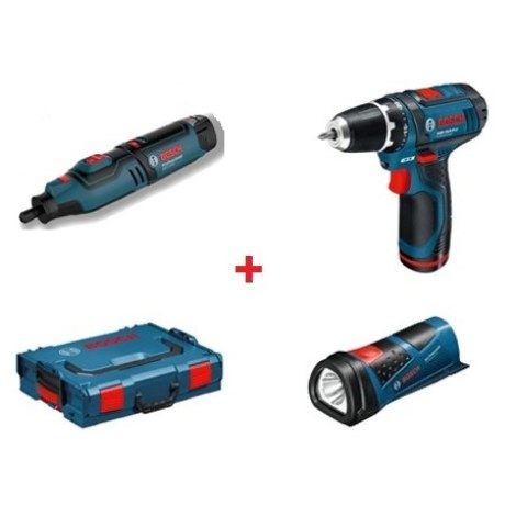 Työkalusarja Bosch (GSR 10,8-2 LI + GRO 10,8 V-Li + GLI 10,8 V-LI); 10,8 V; 2x2,0 Ah akku