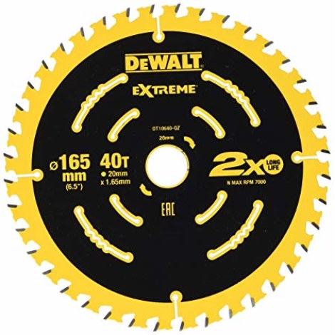 Katkaisuterä puulle DeWalt; 165x1,65x20,0 mm; Z40; 18°
