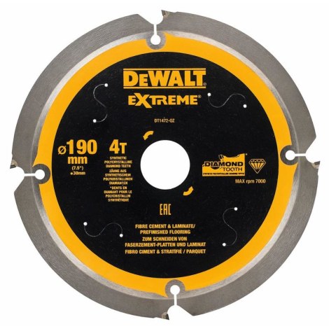 Pyörösahanterä kuitusementille DeWalt; 190x1,8x30,0 mm; Z4; 12°