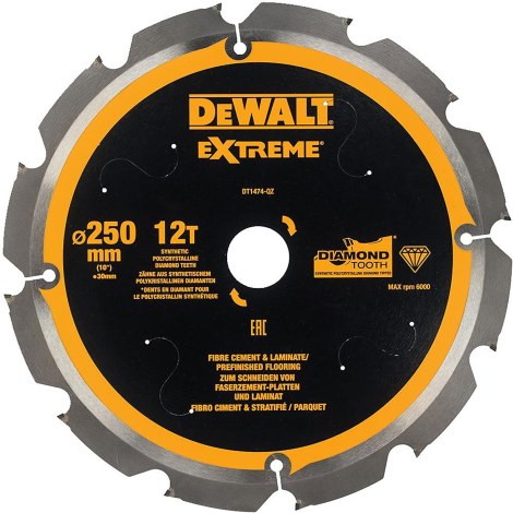 Pyörösahanterä kuitusementille DeWalt DT1474-QZ; 250x30 mm; 12°