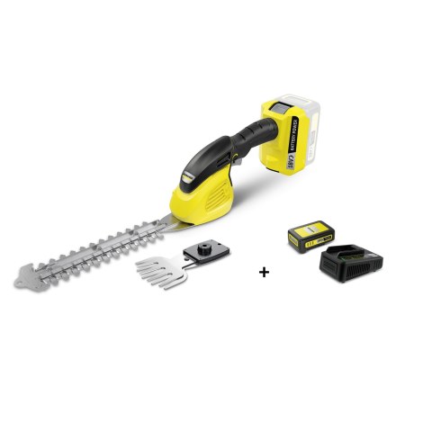 Akkupuutarhaleikkuri ja -ruohosakset -setti ; 11cm terä Karcher GSH 18-20; 18 V; 20 cm pituus; akkukäyttöinen (ilman akkua ja laturia) + Karcher Power 18 V; 2,5 Ah + Nopea laturin virta Power