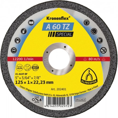 Hiova katkaisulaikka Klingspor A 60 TZ Special; 125x1 mm; FL; 25 kpl.
