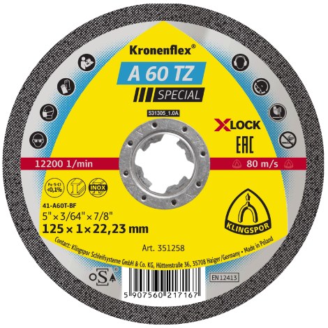 Hiova katkaisulaikka Klingspor A 60 TZ Special; 125x1 mm; X-Lock; 25 kpl.