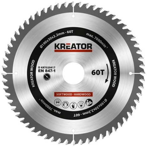 Katkaisuterä puulle Kreator KRT020417; 190x30x2,2 mm