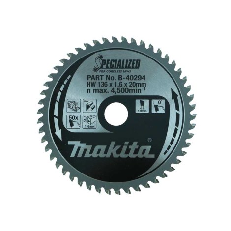 Pöyrösahantetä alumiinille Makita; 136x1,6x20,0 mm; Z50; 0°