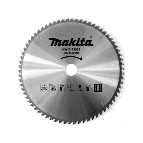 Pöyrösahantetä alumiinille Makita; 260x2,8x30,0 mm; Z70; 5°