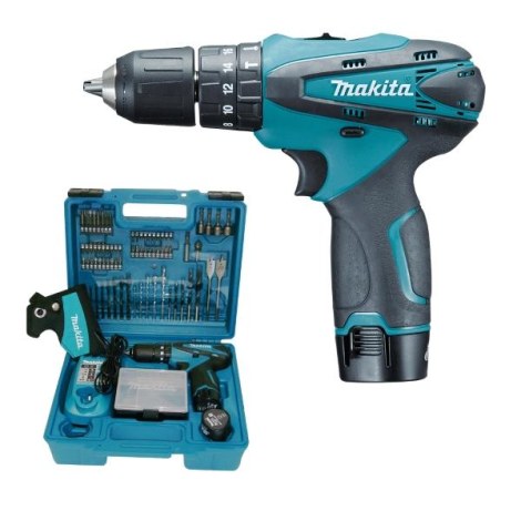 Iskupora / ruuvinväännin Makita HP330DX100; 10,8 V; 2x1,3 Ah akku + 75 tarviketta