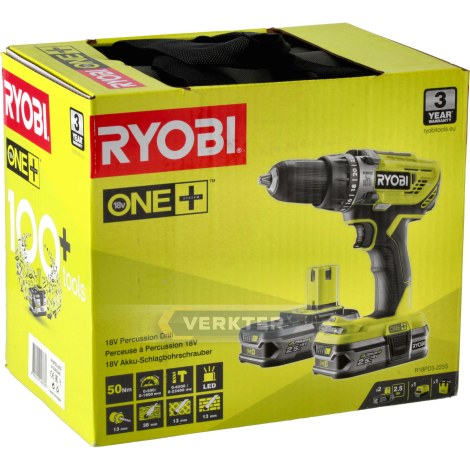 Iskupora / ruuvinväännin Ryobi R18PD3-225S; 18V; 2x2,5 Ah akku