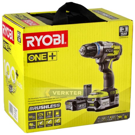 Iskupora / ruuvinväännin Ryobi R18PDBL-252S; 18 V; 1x2,0 Ah; 1x5,0 Ah akku