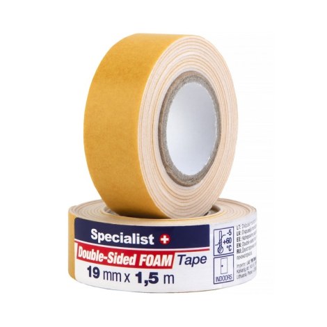 Kaksipuolinen tarttuva teippi Specialist 40/2-41019B; 19 mm; 1,5 m; valkoinen