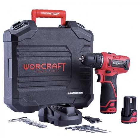 Akkukäyttöinen ruuvinväännin Worcraft CD12LiA; 12 V; 2x1,3 Ah akku