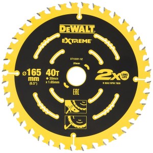 Katkaisuterä puulle DeWalt; 165x1,65x20,0 mm; Z40; 18°
