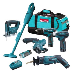 Työkalusarja Makita DK1476 (JR102DZ + DF330DZ + TD090DZ + HS300DZ + JV100DZ + CL100DZ); 10,8 V;3x1,3 Ah akku
