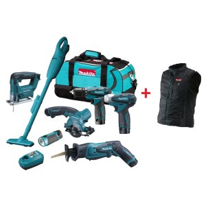 Työkalusarja Makita DK1476 (JR102DZ+DF330DZ +TD090DZ+HS300DZ+JV100DZ+ CL100DZ); 10,8 V;3x1,3 Ah akku + lämpöliivi Makita CV100DZL; 10,8 V; L