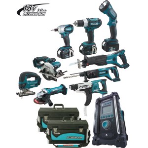 Työkalusarja Makita LXT1000 (BJR181 + BDF456 + BJV180 + BTD146 + BSS501Z + BHR202RFE + BFR550 + BGA452 + BMR102); 18 V; 4x3,0 Ah akku