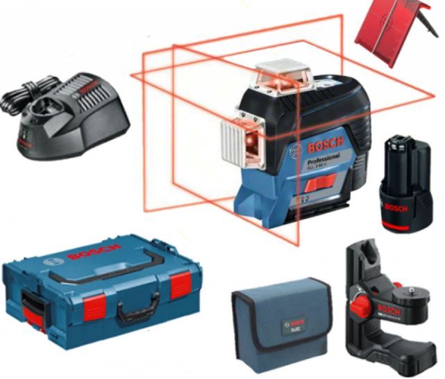 Linjalaser Bosch GLL 3-80 C + BM 1 + L-Boxx; 12 V; 1x2,0 Ah akku