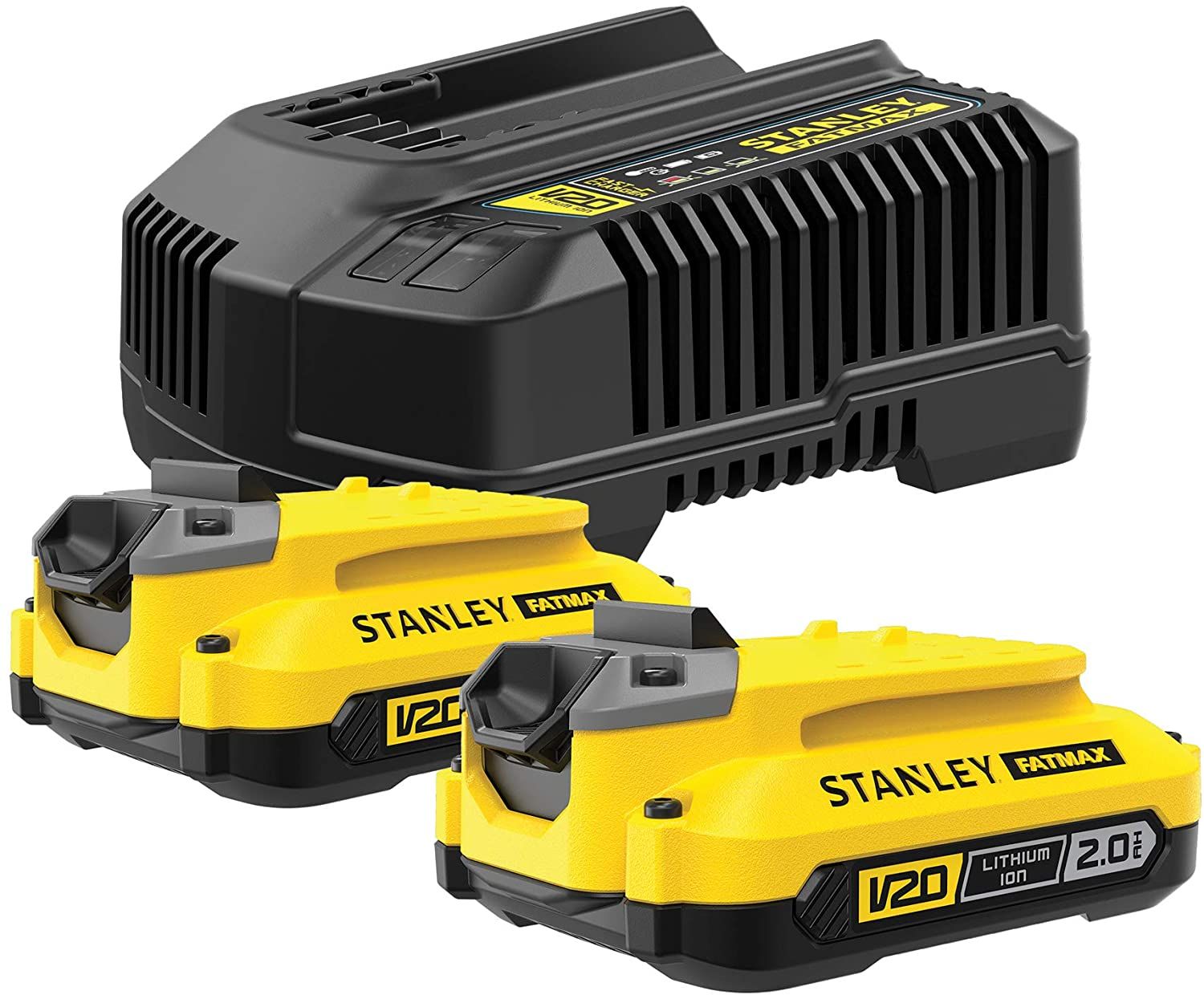 Tarvikesarja Stanley Starter Set V20; 18 V; 2x2,0 Ah + latauslaite