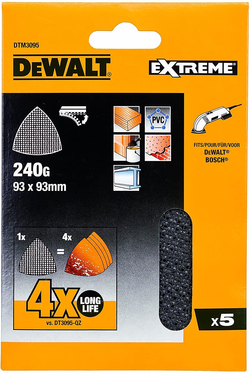 Hiomapaperi Delta -hiomakoneeseen DeWalt DTM3095-QZ; 93x93 mm; P240; 5 kpl.