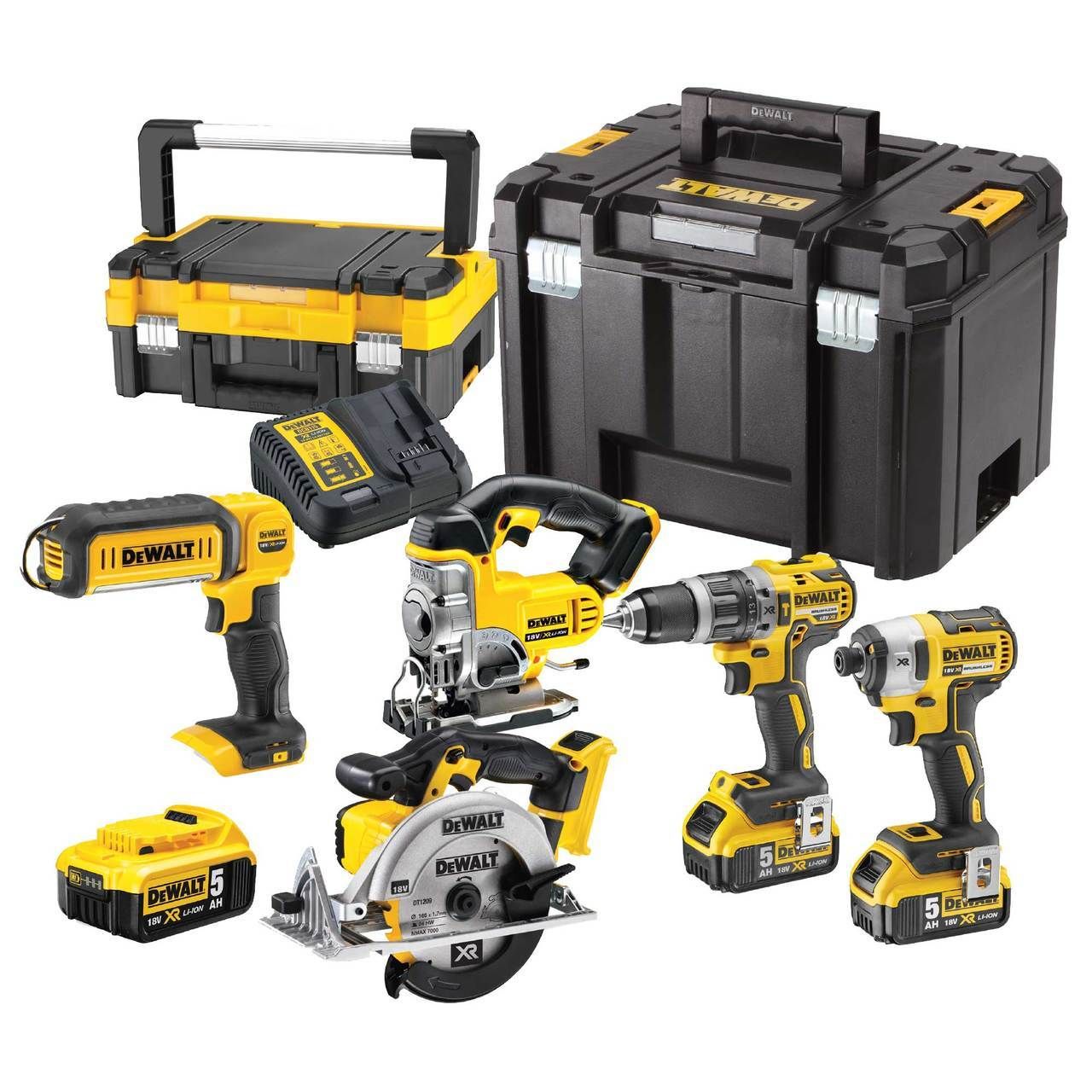 Työkalusarja DeWalt (DCD796 + DCF887 + DCS331 +DCS391 + DCL050); 18 V; 3x5,0 Ah akku