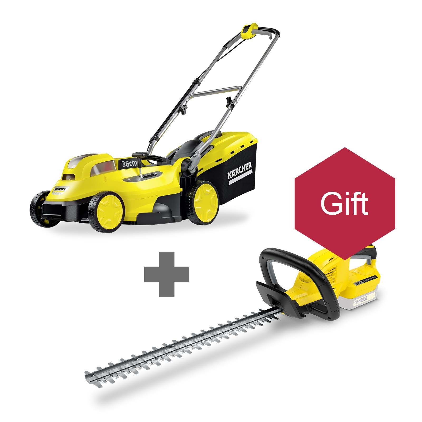 Ruohonleikkuri Karcher LMO 18-36; 18 V; 1x5,0 Ah + Karcher HGE 18-45; 18 V; 45 cm pituus; akkukäyttöinen