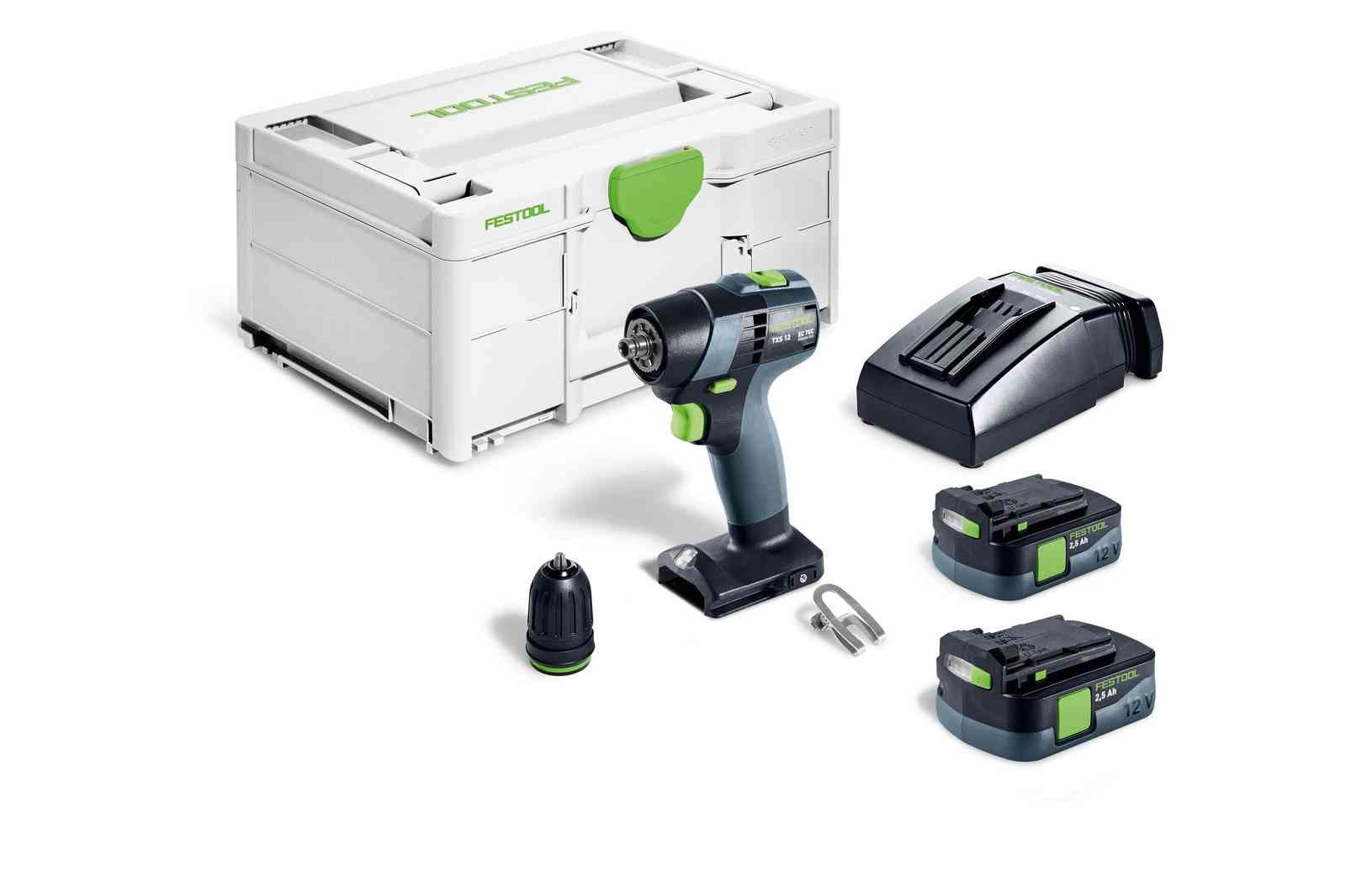 Pora/ruuvinväännin Festool TXS 12 2,5-Plus 10,8 V; 2x2,5 Ah akku