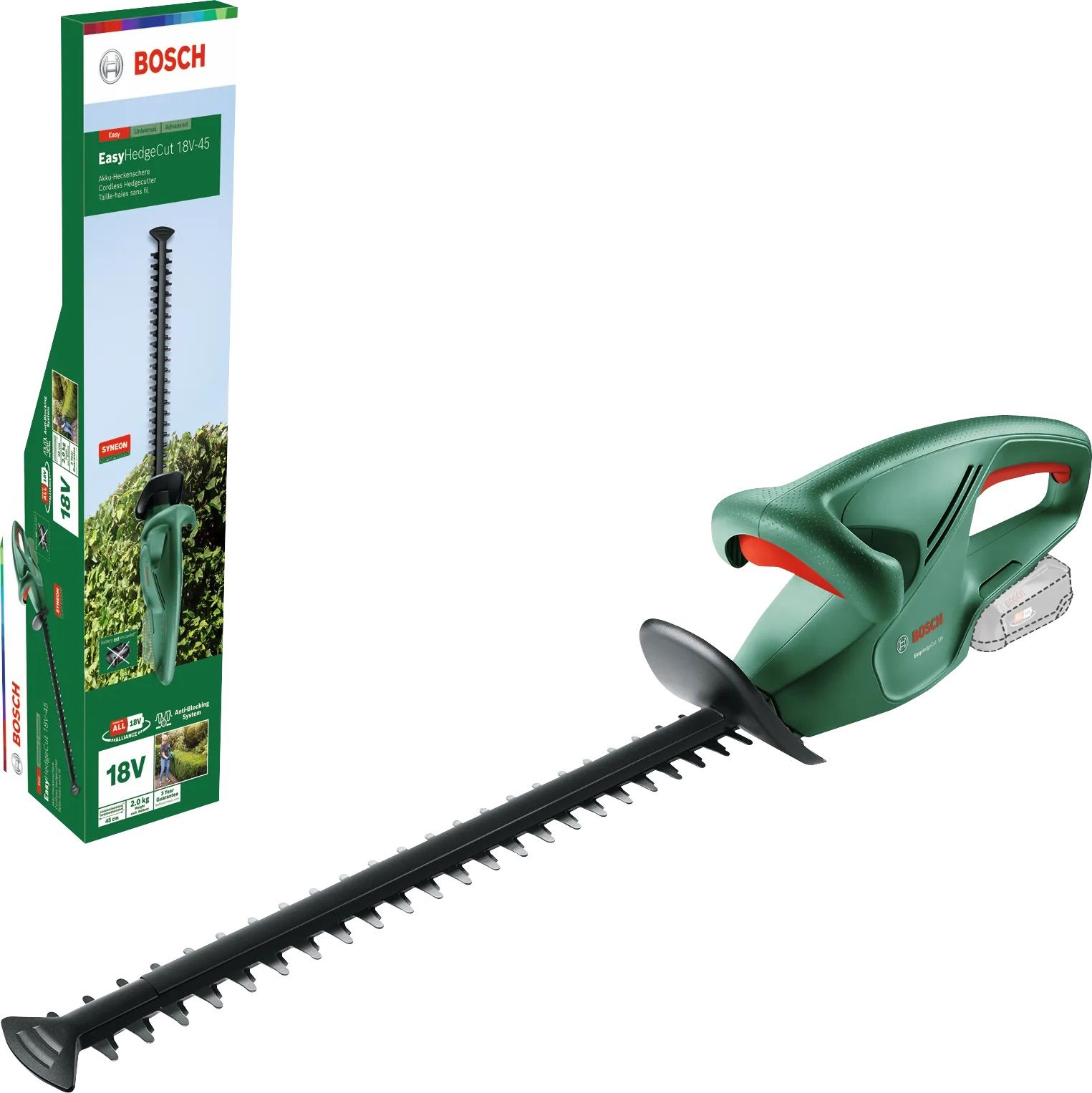 Pensasleikkuri Bosch EasyHedgeCut 18-45; 18 V; 45 cm pituus; akkukäyttöinen (ilman akkua ja laturia)