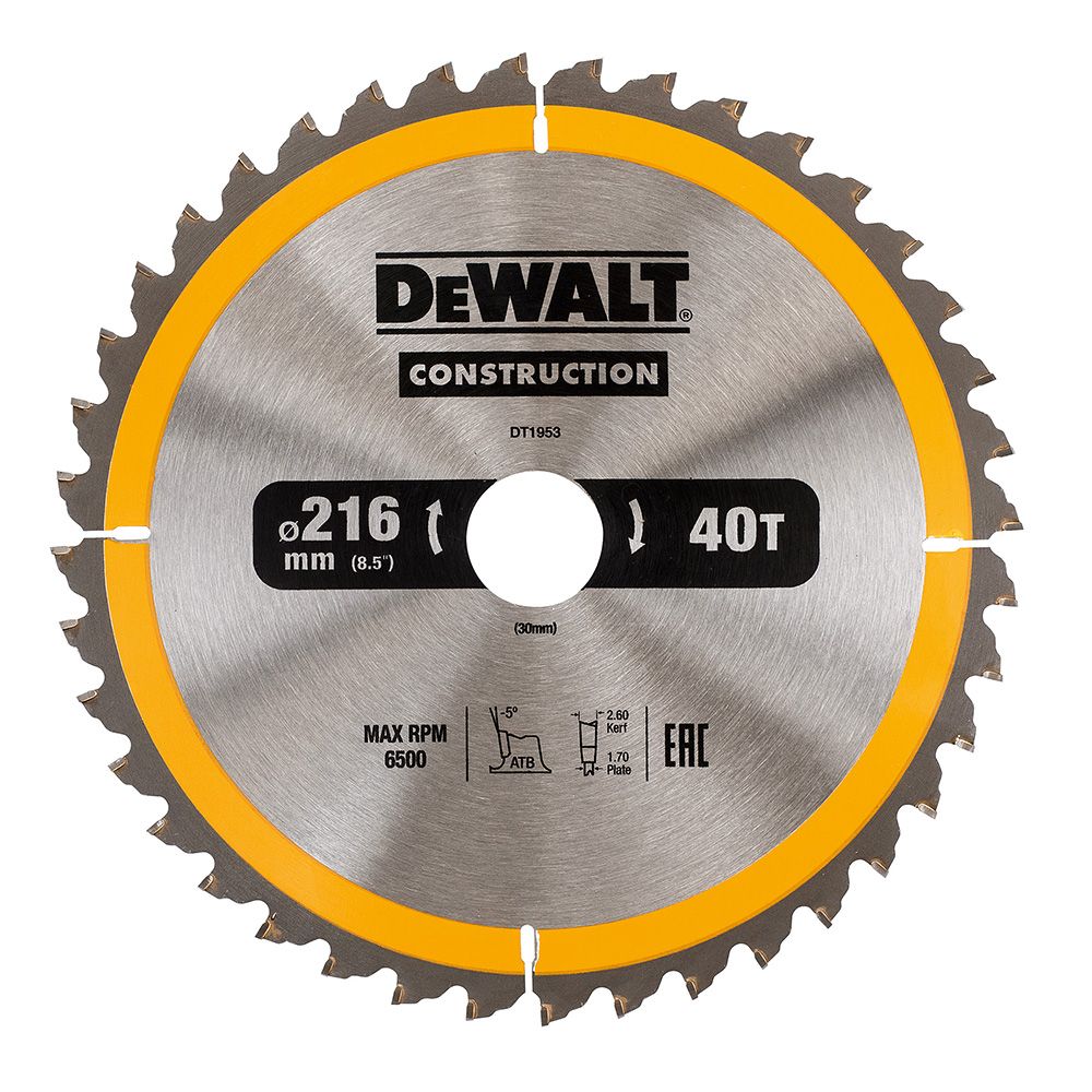 Katkaisuterä puulle DeWalt; 216x2,6x30,0 mm; Z40; -5°
