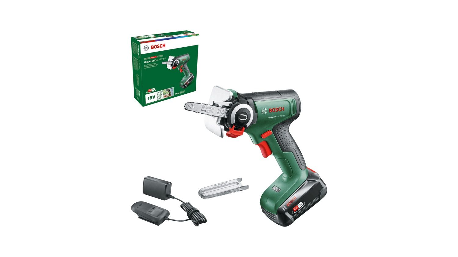 Moottorisaha oksien karsimiseen Bosch Universal Cut 18V-65; 18 V; 1x2,5 Ah akku; 6,5 cm laippa