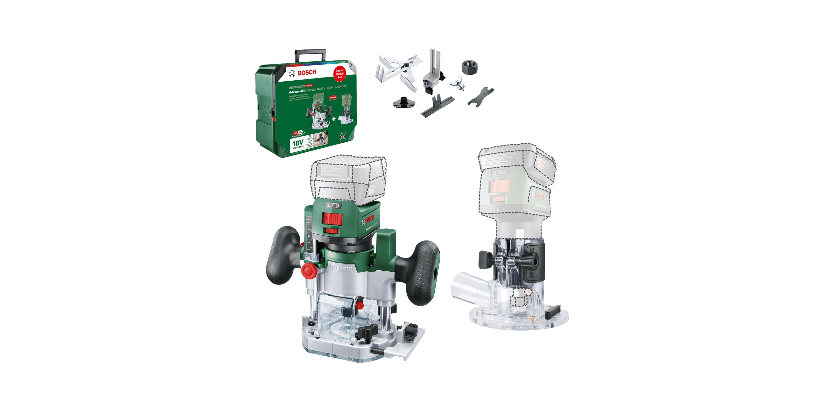 Akkukäyttöinen yläjyrsin Bosch AdvancedTrimRouter 18V-8; 18 V (ilman akkua ja...